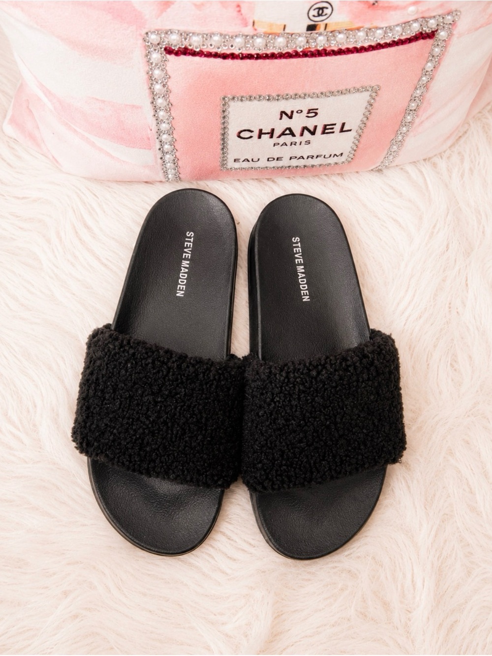 Steve Madden Black Sherpa Slide Sandals